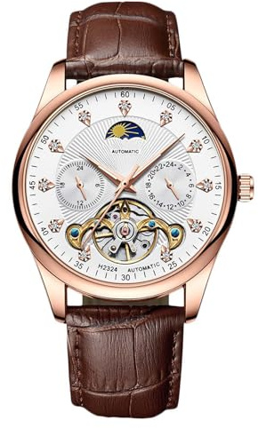 RORIOS Herr automatisk Tourbillon klocka diamant skelettklocka vattentät självuppdragande armbandsur lysande månfas klocka läderrem, Brun vit a, L, armband