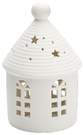 Yeerockal Keramic Xmas Dekohaus mit LED Leuchtmittel | 14cm Höhe | LED 2 x LR44 Batterien Inkl | Weiß Teelichthalter Xmas DIY Dekoration (Style A)