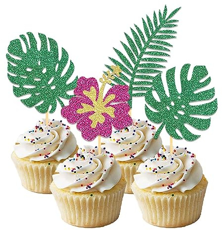 24 Stück Glitzer Tropische Hawaii Cupcake Topper | Aloha Cupcake Topper für Hawaii Aloha Luau Poolparty Sommerparty Dekoration