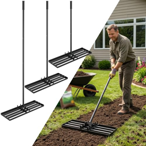 XMTECH Rasenharke Edelstahl 50x25 cm Schwarz, Verstellbarer Stiel für Beete | Metallrahmen, Gummigriff, verteilt Rasensand und Erde gleichmäßig, für Rasen, Beete und Gartenflächen