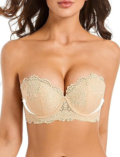 YANDW Reggiseno senza spalline con push up imbottito in pizzo con spalline trasparenti multiway senza spalline, beige, 4B