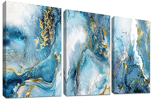 3 Pcs Marmo Nordico Oceano Blu Dorato Stampa su tela con cornice Quadri su tela Quadri Moderni Poster da parete Camera da letto Soggiorno Decorazioni Pronto da appendere 90x40cm(12x16x3pcs)
