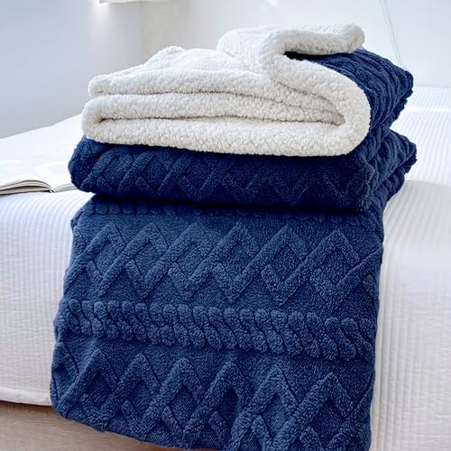 HOMEYA Manta Borreguillo Doble Cara Franela/Sherpa 160x220 cm - Manta Sofa/Cama, 100% Poliester, Caliente Invierno Suave, Marino