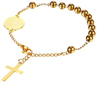 Flongo Christus Kreuz Rosenkranz Armband Jesus Kruzifix Armband Edelstahl Armband mit Heiliger Benedikt Medaille für Frauen