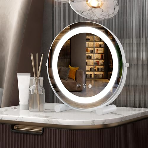 COSTWAY Hollywood Vanity Mirror with Lights, 3-Color Dimmable LED Lighted Round Tabletop Dressing Table Makeup Mirror with 360° Rotation, Smart Control Touch and Memory Function, 300mm Diam