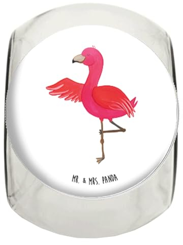 Mr. & Mrs. Panda Bonbonglas Flamingo Yoga L 870ml - Geschenk, Tiefenentspannung, Yogapose, Vorratsbehälter, Achtsamkeit, Rosa, Kaffeedose, Glasdose,