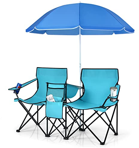 KOMFOTTEU Sedia Pieghevole da Campeggio Doppia, 2 Sedie da Esterno con Tettuccio Parasole Regolabile, Sedia da Pesca Portatile con Borsa Frigo, Borsa Laterale e Portabevande per Picnic (Turchese)