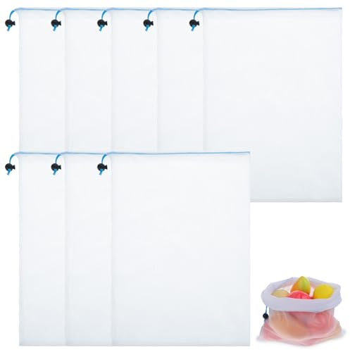 8 Stück Obstnetz Gemüse Groß Netztasche Netzbeutel Einkaufsnetz Transparente Netzbeutel Waschbar Netzbeutel Kordelzug Vielseitige Mesh Bag in 3 Größen für Schutz Beutel Haushaltsgegenstände für Reisen