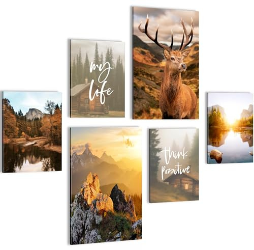 Novart Wandbilder Set Landschaft Berge Natur Orange Braun - KEIN EXTRA RAHMEN BENÖTIGT - Modern Deko - Wohnzimmer Schlafzimmer Flur N033067a