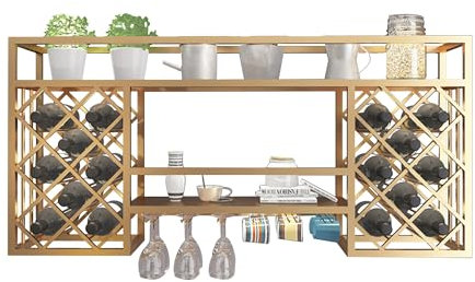 Weinregal Wand Metall Flaschenregal Schmal Wine Rack Bar Regal Wand Weinschrank Hausbar Barschrank mit Weinglashalter Weinständer Getränke Regal Mini Bar für Bartheke Wohnzimmer Küche(Gold,140*25*60cm