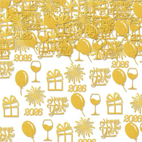 2025 Confettis en papier Happy New Year - Décoration de fête - Ballons dorés à paillettes 2025 - Ballons feux d'artifice - Verre à vin - Table - Pour le Nouvel An (doré)