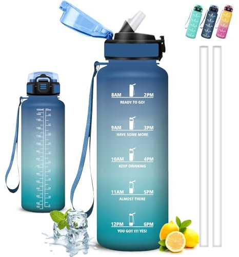 Gourde Sport, Gourde 1,5l, Anti Fuite, Gourdes Graduée pour 1 Journee, Facile à Nettoyer, Gourd Graduée, avec Slogan de Motivation, Bouteille avec Verrou de sécurité, pour Camping, Aptitude, Randonnée