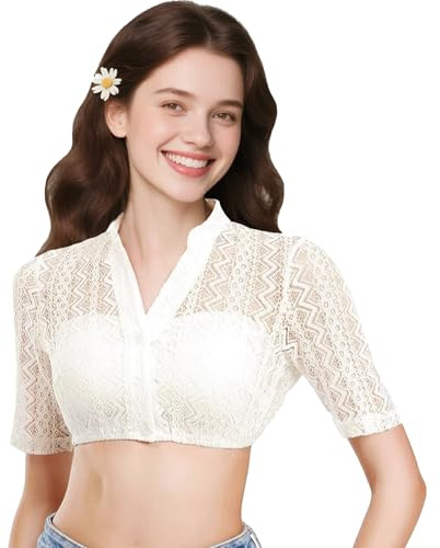WENAUANG Camicia Dirndl Donna in Pizzo con Scollo a V, Bianca, Maniche Corte, Elasticizzata (Taglie S/M/L/XL), Bluse Dirndl Tradizionale per Festa della Birra