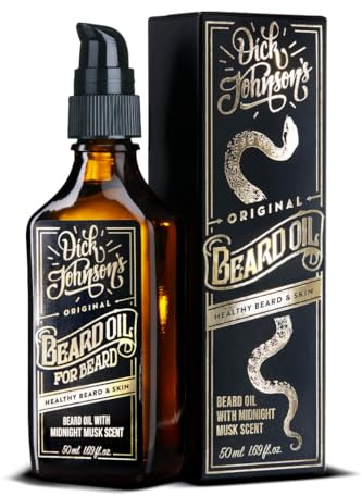 Dick Johnson Bartöl Midnight Musk Duft 50 ml – Bart Öl mit Arganöl, Jojobaöl und Mandelöl – Bartpflege für Männer zur täglichen Anwendung & Bartwachstum – Geschenk für Männer – Made in Finnland
