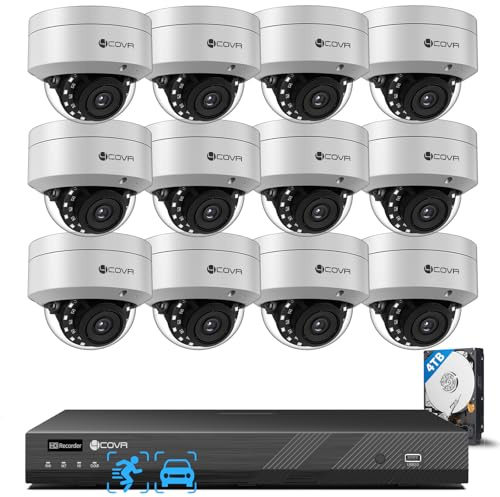4COVR 5MP PoE Überwachungskamera Aussen Set, 16CH NVR 4TB, DLY54AX5M1612 | 12×5MP IK10 Vandalensicheren Dome IP Kameras IP67, H.265, KI Personen-/Fahrzeugerkennung, 24/7 Videoüberwachung