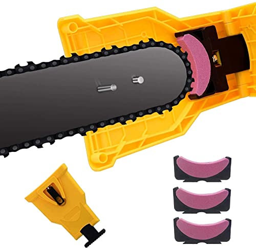Yellow Plastic Sharpener with Whetstone for 14 16 18 20 Chainsaws, Includes 3 Extra Stones, Compact 8.5x5.7x1.2 Inch Design