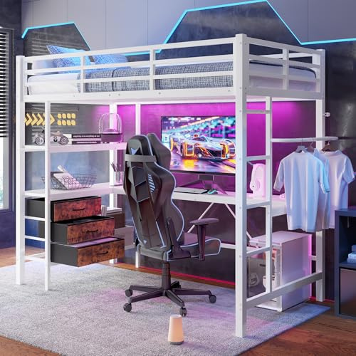 Hochbett Jugendbett 90x200, Kinderbett Etagenbett mit LED-Licht&USB Ladestation&Schreibtisch&3 Schubladen&Regale, Metallbett Einzelbett Bettgestell mit Rausfallschutz&Leiter, Ohne Matratze, Weiß