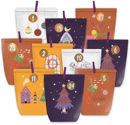 KOHMUI Adventskalender zum Befüllen, 24 DIY Weihnachtskalender Geschenk Papiertüten zum Selber Basteln, Kraftpapiertüten mit Zahlen Aufkleber zum Selbstbefüllen