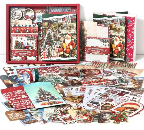 Juego de accesorios para scrapbook estético, rojo, Merry Christmas, juego de diario estético con accesorios para diario, cuaderno de cuadrícula A6, cuaderno de recortes DIY regalo para adolescentes y