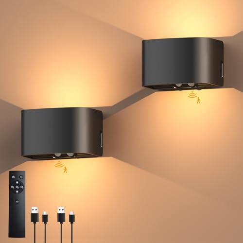 Ainostone Akku Wandleuchte Innen mit Bewegungsmelder, Fernbedienung 2 Stück Einstellbar Abstrahlwinkel Aufladbar Wandlampe 3000K Warmweiß Dimmbare Wandbeleuchtung für Wohnzimmer Schlafzimmer Schwarz