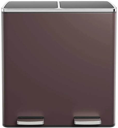 Clevich Mülleimer Küche, 2 x 30 Liter, 2 Fächer, Mülltrennsystem 60L, 2 pcs Kunststoff Inneneimer, Softclose Deckel, Treteimer, Klappdeckel, Braun