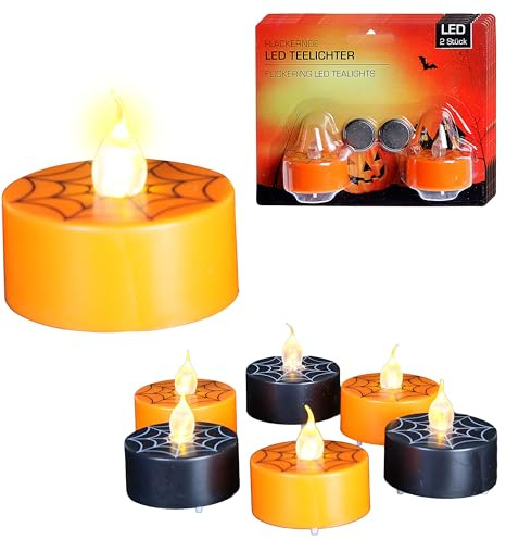 Cepewa LED Teelicht Halloween 6x 2er Set | Ø4xH2,5cm Kunststoff orange schwarz | Kerzen flammenlos gelb flackernd batteriebetrieben