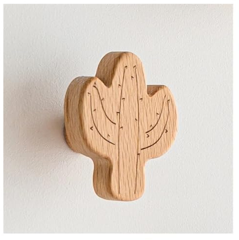 Crochet Mural en Bois Massif de hêtre for Salle de Bain, Porte-Manteau, Porte-Serviettes, décoration de clés(Cactus)