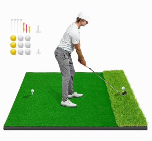 Dual-Turf Golf Hitting Mat 5x4ft (150x120cm) – Golf Practice Mat with 6 Tee Positions, Shock-Absorbing EVA Base – Indoor & Outdoor Training for Garden, Simulator & Driving Range
