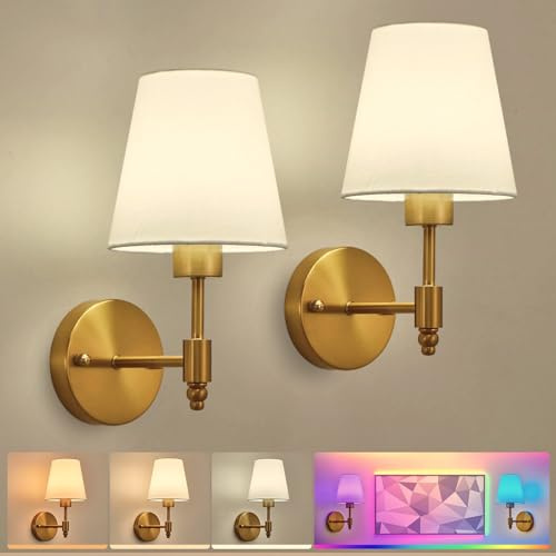 HARPER LIVING Battery Operated Wall Lights Set of 2, Wireless LED Wall Lamps with Fabric Shade & Remote, 3CCT 9 RGB Dimmable Rechargeable Bulbs Sconce Light for Bedroom Living Room Hallway (Brass)