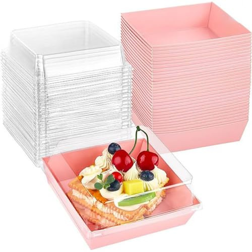 Yitobici Kuchenschachtel,kuchenbox pappe,Bietet Platz für Kuchen, Macarons und Kekse,Muffin,Geeignet für Geburtstage, Partys,50 Stück mit transparenter Hülle Rosa kuchenbox