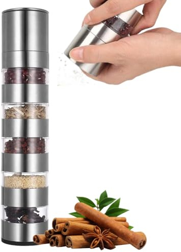 EUBSWA 5 lagige Edelstahl Gewürzmühle – Robustes Camping Zubehör & Outdoor Küchen Gadget für Wanderer und Camper – Auslaufsicheres Camping Gadget mit verstellbarer Mahlstärke