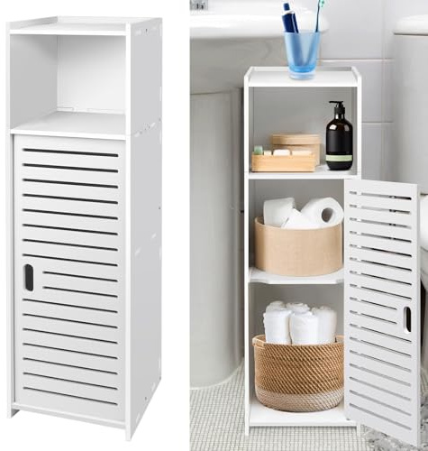 Slim Bathroom Floor Storage Cabinet with Door and Open Shelf, Freestanding Narrow Bathroom Storage Unit, Corner Organizer Cupboard Small Floor Cabinet for Living Room, Bedroom, Kitchen, Hallway, White
