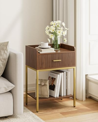 Apetaccat mesita de Noche, Mesa Auxiliar Sofa de Tres Niveles, mesilla de Noche con Estante Abierto y cajón, mesitas de Noche para Dormitorio, salón, Nogal