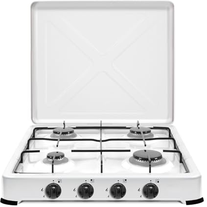 Cocina de Gas Portátil 4 Fuegos con Tapa, Control de Llama Ajustable, Compatible con Butano y Propano, Hornillo Compacto para Camping, Caravana, Exterior y Viajes, Blanco (4 Fuegos)