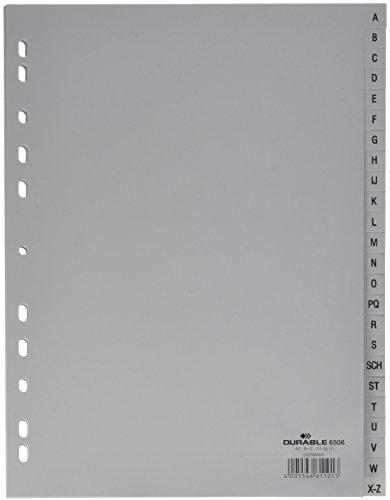 Durable A-Z Register (A4, geprägte Taben, 24tlg., aus PP, volldeckend) 10 Stück, grau, 650810 | Alphabetisches Ordnerregister aus PP, 24-teilig, mit Universallochung für Ringbücher, 297 x 230 mm