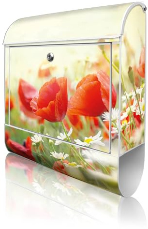 banjado Design Briefkasten 38,5x46,5x13cm & 2 Schlüssel - Briefkasten Stahl Weiß mit Zeitungsfach pulverbeschichtet - Postkasten A4 Einwurf inkl. Montagematerial - Motiv Kamille Und Mohn
