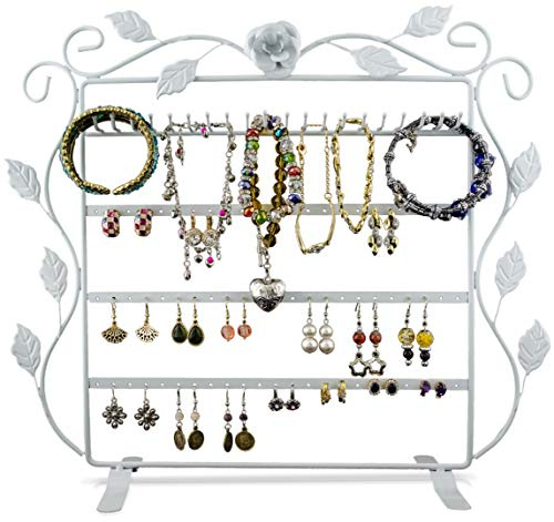 LAUBLUST Schmuckständer im Ranken Design - ca. 38 x 34 x 11 cm, Weiß - Dekorativer Metall Schmuck-Halter 4 Etagen & Ornament Blätter | Schmuck-Aufbewahrung | Ohrring-Ständer | Ketten-Halter