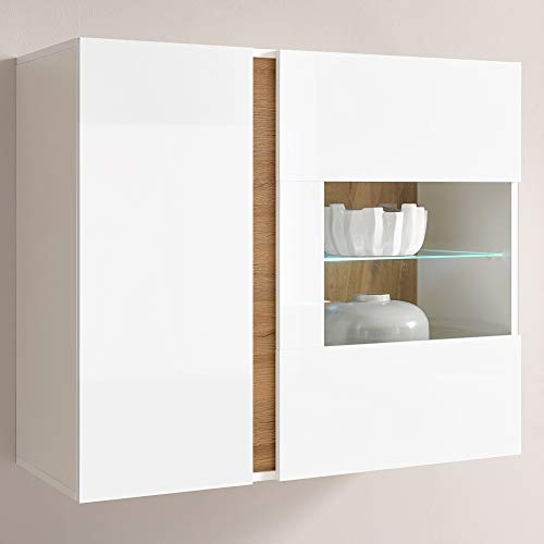 Lomadox Hängeschrank Hängevitrine mit LED-Beleuchtung in weiß Glanz und Grandson Oak Eiche Nb.