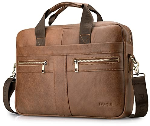 BAGZY Herr äkta läder Laptopportfölj Axelväska Messenger Handväska Sling Crossbody Business Document Bag Satchel School Ryggsäck 15,6 tum Laptopväska för kontorsarbete Travel College Brun