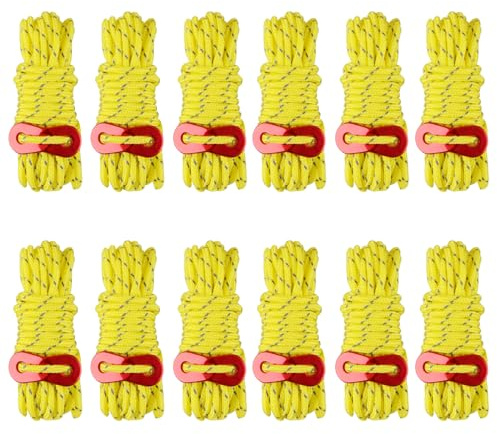 TRIWONDER Tenditore per Corde da Campeggio Paracord 4mm Kit Tiranti Regolabili in Alluminio per Tende Ombrelloni e Teloni - Corde Riflettenti 4m (Giallo - 12 Pezzi)