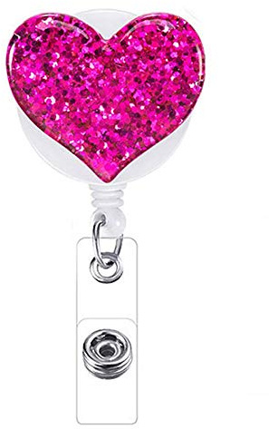 Ausweishalter mit Gürtelclip, einziehbar, mit Gürtelclip, glitzerndes Herz, Jo-Jo-Ausweishalter, Schlüsselanhänger für Mädchen, Krankenschwester, Lehrer, Studenten, Rosarot, 1 Stück