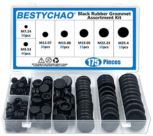 BESTYCHAO 175pcs 7 Sizes Black Rubber Grommet Electrical Conductor Gasket Ring Assortment Kit for Protecting Wires, Plugs and Cables