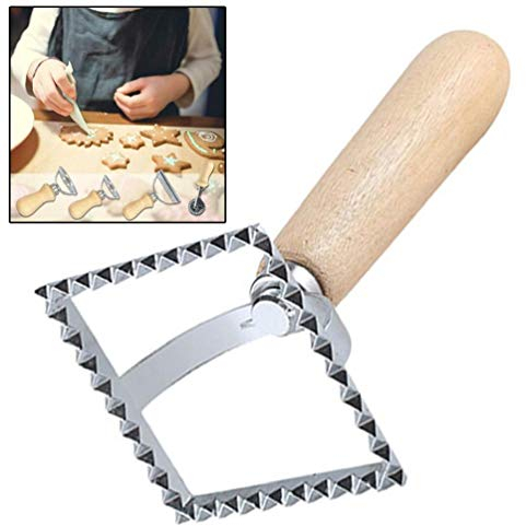 Ravioli Stamp Maker Cutter, Mold with Wooden Handle and Fluted Pasta Press Kitchen Attachment with Pastry Cutter Wheel (square)