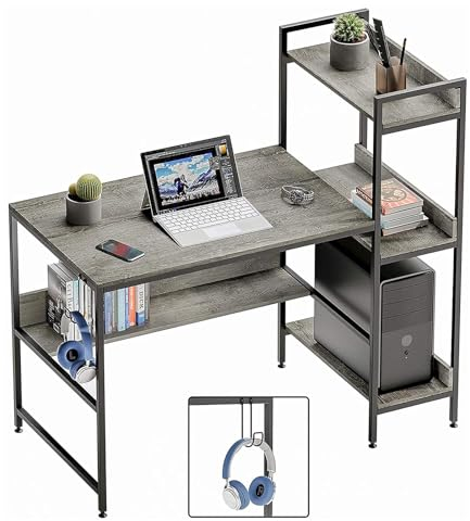 Bestier Scrivania per Computer con Ripiani 120 cm Piccola Scrivania ad Angolo per Scrivere e Studiare per Spazi Compatti Camera da Letto, Libreria Reversibile e Ripiano Sottostante