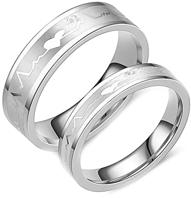 Daesar Paar Ringe Edelstahl, Eheringe Silber ohne Stein Elektrokardiogramm Bandringe Partnerringe für 2 Damen Gr.52 (16.6) & Herren Gr.65 (20.7)
