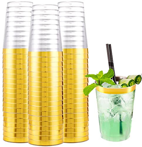 I00000 Confezione da 200 bicchieri in plastica trasparente da 283,5 g, con bordo dorato, usa e getta, per feste, matrimoni, bicchieri da cocktail con bordo dorato