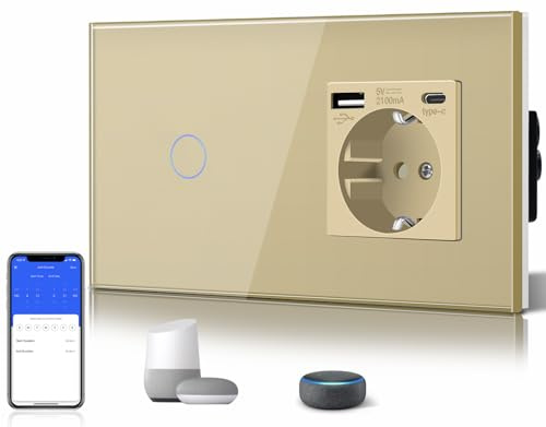 BSEED Prise Schuko Smart Alexa Touch Switch 3 en 1 Puissance USB 2,1 A Adaptateur Type C 1 Compartiment 1 Voie Doré