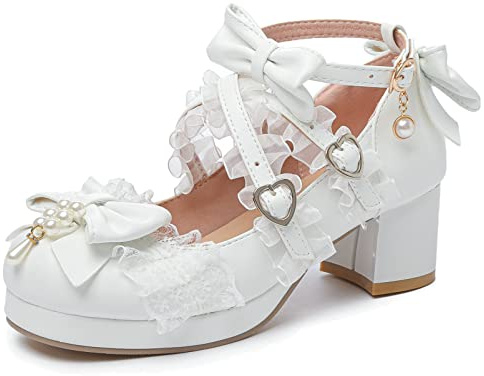 LUXMAX Women's Kawaii Shoes Cross Strap Pumps Cute Ankle Strap Mary Jane Shoes Wedding Lace Mid Chunky Heel Pumps, Size 9 M US,White