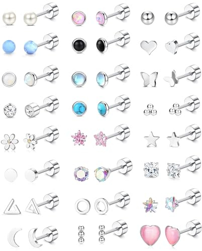 Diamday 16 Paare Kleine Ohrstecker Set für Damen Mädchen Chirurgenstahl 20G Kleine Knorpel Ohrstecker CZ Herz Blume Stern Multicolored Kugel Screwback Ohrstecker-Set mit flachem Rücken