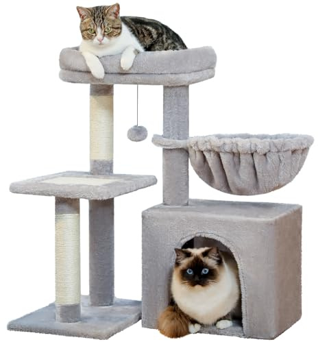 PAWZ Road Small Cat Tree, 73cm Cat Tower for Indoor Cats | 2 Styles Cat Activity Tree with Cat Scratching Posts, Big Hammock and Removable Top Perch, Grey